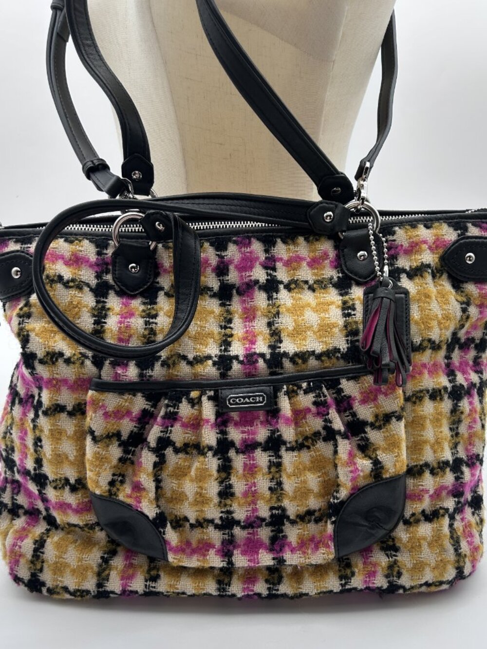 Coach Ashley Plaid Wool Carryall Satchel Bag Pink Yellow Houndstooth 14845 - Picture 2 of 13
